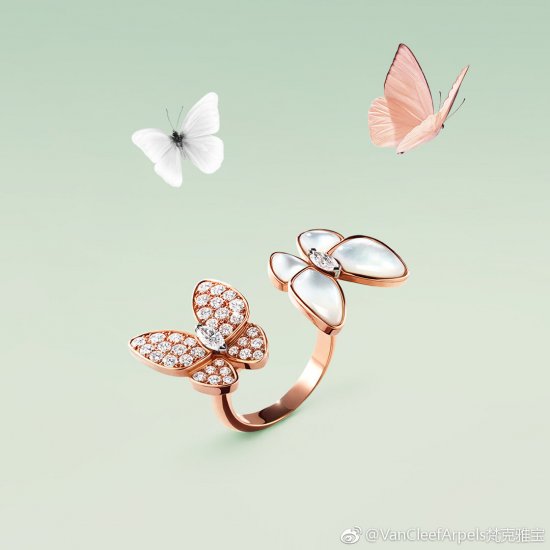 Van Cleef & Arpels戒指梵克雅宝于 Two Butterfly珠宝系列重新演绎世家所钟爱的主题。这些璀璨迷人的作品结合色彩与不对称设计，重新诠释了蝴蝶翩飞时的美态。Two Butterfly指间戒，玫瑰金，白目贝镶钻5A锆钻，玫瑰金色，开口 - Click Image to Close