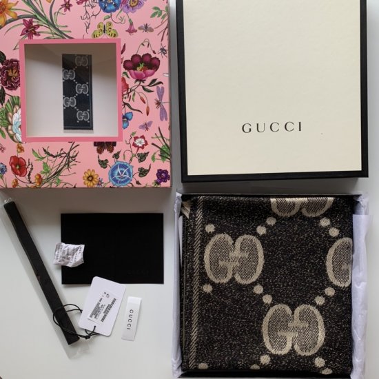 最新爆版 Gucci 闪耀提花～黑色 45*195cm 96%羊毛2%聚酰胺2%金属纤维 原单品质 - Click Image to Close