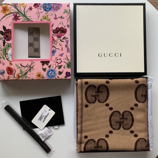 最新爆版 Gucci 闪耀提花～咖色 45*195cm 96%羊毛2%聚酰胺2%金属纤维 原单品质 - Click Image to Close